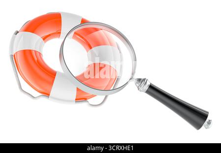 Rettungsschwimmer mit Lupe. Konzept der Sicherheitssuche oder Rettungsanalyse. 3D-Rendering isoliert auf weißem Hintergrund Stockfoto