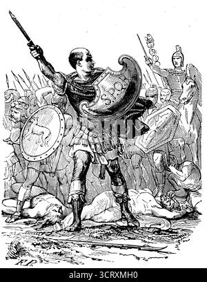 Krieg gegen die Nervii. Ein belgischer Stamm, der während der Gallienkriege (58–50 v. Chr.) in einer Koalition gegen Rom kämpfte. Der Sieg ging an Julius Cäsar. Julius Cäsar während der Schlacht. Gravur, 1851. Stockfoto