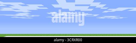 Minecraft Pixel Grasfeld Landschaft mit Himmel und Wolken. Grüner Blockhorizont im isometrischen Retro-Stil. Perfekte Hintergrundbilder oder Poster für Gamer. Abstrakte moderne Vektorillustration. Stock Vektor