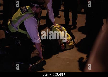 London, Großbritannien. Oktober 2025. Polizeibeamte verhaften einen pro-palästinensischen Aktivisten, der in Whitehall gegen Israels Abfangen in internationalen Gewässern der Globalen Sumud-Flotte (GSF) in Gaza protestiert hatte. Ähnliche Proteste fanden auf der ganzen Welt statt, als Reaktion auf das Abfangen der Flotte für humanitäre Hilfe, die versuchte, die Belagerung von Gaza zu brechen. Quelle: Mark Kerrison/Alamy Live News Stockfoto