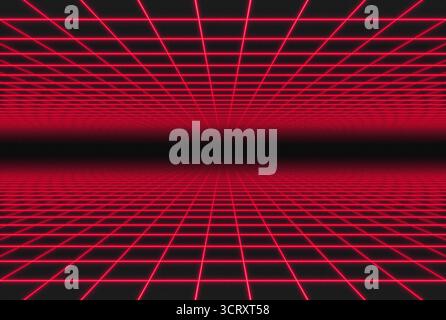 Hintergrund des roten Synthwave-Gitters zum Leere mit Retro-Korneffekt Stockfoto