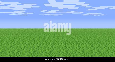Minecraft Pixel Grasfeld Landschaft mit Himmel und Wolken. Grüner Blockhorizont im isometrischen Retro-Stil. Perfekte Hintergrundbilder oder Poster für Gamer. Abstrakte moderne Vektorillustration. Stock Vektor