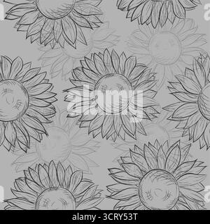 Nahtloses Muster, Sonnenblumen. Abstraktes Grau, Schwarz und weiß. Stock Vektor