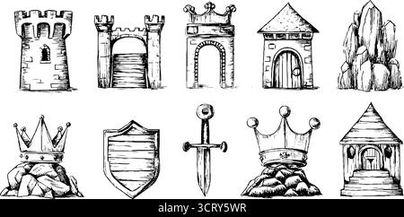 Mittelalterliche Burg und Ritterelemente handgezeichnetes Doodle-Symbol-Set für Design und Dekoration. Stock Vektor