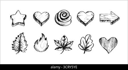 Handgezeichnetes Doodle-Symbol-Set mit Herzen, Sternen, Pfeilen und Blättern - perfekt für Design und Dekoration. Stock Vektor