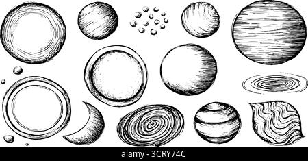 Handgezeichnete Doodle-Icon-Kollektion aus konzentrischen Kreisen für künstlerisches Design. Stock Vektor