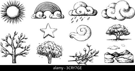 Handgezeichnetes Doodle-Symbol-Set mit Sonne, Wolken, Regenbogen und Naturelementen für kreatives Design. Stock Vektor