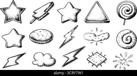 Handgezeichnete Kritzelsymbole Set aus Neonpfeilen, Sternen, Dreiecken und Spiralen für Design. Stock Vektor