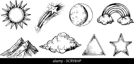 Himmlische und von Hand gezeichnete Kritzelsymbole untergehen: Sonne, Mond, Sterne und Wolken für Design. Stock Vektor