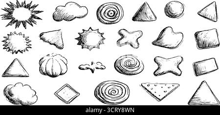 Handgezeichnete Doodle-Ikonen mit Starburst- und Sunburst-Designs für kreative Projekte. Stock Vektor