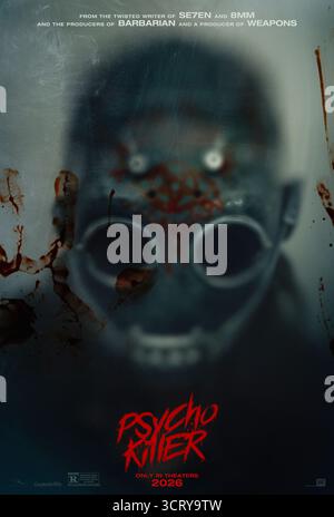 Psycho Killer (2026) unter der Regie von Gavin Polone mit Georgina Campbell, Logan Miller und James Preston Rogers. Ein Polizist, dessen Mann von einem maskierten Serienmörder ermordet wird, verfolgt den „Satanic Slasher“ in den USA, während der Mörder einen Massenmord plant. NUR ZUR REDAKTIONELLEN VERWENDUNG des US-Advance-Posters. Quelle: BFA / 20th Century Studios Stockfoto