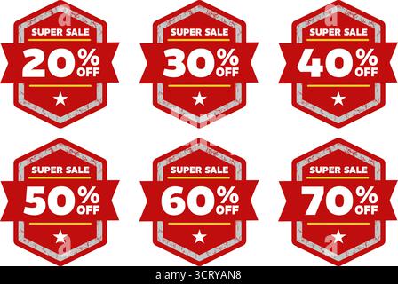 Bis zu 20 30 40 50 60 70 % Rabatt auf das Stickerset Stock Vektor