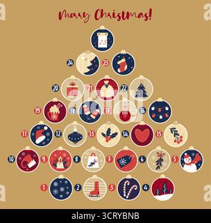 Niedlicher Adventskalender. Countdown Weihnachten. Weihnachtszahlen Vorlagenbaum aus runden Kugeln mit festlichen Elementen. Silvester traditionelle Weihnachtssymbole Sy Stock Vektor
