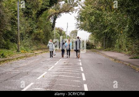 Derry, Nordirland. 3. Oktober 2025. Vier Menschen laufen zu einem umgestürzten Baum, der die Buncrana Road blockiert, während Sturm Amy. Quelle: Aodhan Roberts/Alamy Live News. Stockfoto