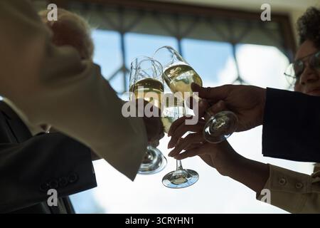 Gruppe von Erwachsenen mittleren Alters und Senioren, die während der Feierlichkeiten Champagner anschlagen, multiethnische Hände mit Getränken sichtbar, Leute, die drinnen festlich Toast veranstalten Stockfoto