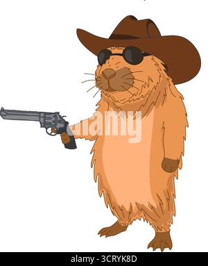 Lustige Illustration eines Wasserschwanzers, der als Cowboy verkleidet ist, Sonnenbrille trägt und einen Revolver hält. Stock Vektor