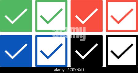 Satz von Vektor-Kontrollkästchen-Symbolen in Grün, Rot, Blau und Schwarz, wobei jede Farbe einen gefüllten und einen umrissenen Stil zeigt, der für das UX-UI-Design entwickelt wurde. Stock Vektor