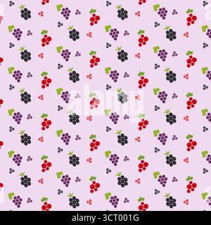 Ein lebhaftes Muster mit verschiedenen Linien-Ikonen von Trauben in Rot-, Lila- und Schwarztönen vor einem sanften rosa Hintergrund. Dieses verspielte Design verleiht jedem Projekt einen fröhlichen Touch. Stock Vektor