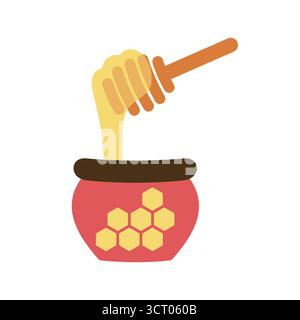 Eine einfache Strichgrafik-Ikone eines Honigtopfes mit einem Löffel. Diese Illustration ist perfekt für Lebensmittel-, Bio- und Küchenmotive und symbolisiert natürliche s Stock Vektor