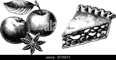 Vintage-Gravur von Apfelkuchen und ganzen Äpfeln - Retro-Dessert-Illustration für kulinarische Designs. Stock Vektor