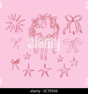 Mit einem Satz handgezeichneter Vektorgrafiken-Kritzeleien auf Weihnachten vorbereiten. Ein Kranz mit trendigen Bögen, Bändern und Sternen. Stock Vektor