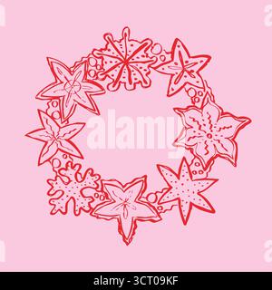 Handgezeichnete Vektorillustration im Doodle-Stil. Weihnachtskuchenkranz auf rosafarbenem Hintergrund. Stock Vektor