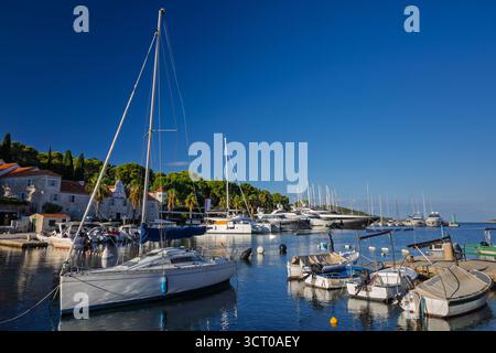 Eine ruhige Hafenszene mit verankerten Booten und Yachten, klarem blauem Wasser und einem von Bäumen gesäumten Ufer. Sonniger Himmel und sanfte Reflexe schaffen Frieden Stockfoto