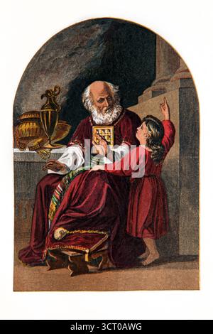 Handgemalte Illustration von Samuel genannt vom Herrn - junger Samuel mit dem Hohepriester Eli am Tabernakel aus dem 19. Jahrhundert Sunday Pictorial Re Stockfoto