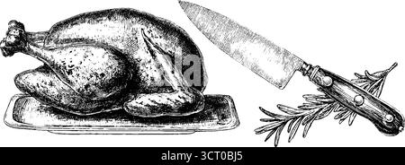 Kollektion mit gravierten Illustrationen aus geröstetem truthahn und Messer für kulinarisches Design. Stock Vektor