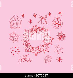 Handgezeichnete Weihnachtsvektor-Doodle-Elemente. Pinke Karte mit Weihnachtskranz und Lebkuchenkeksen. Stock Vektor