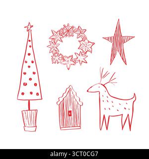 Mit einem Satz handgezeichneter Vektorgrafiken-Kritzeleien auf Weihnachten vorbereiten. Hirsch, Weihnachtsbaum, Haus, Lebkuchen, gestreifter Stern. Stock Vektor