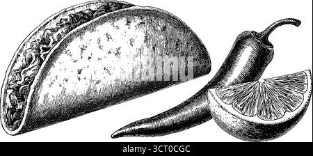 Vintage-Gravur aus Taco-Schale und Chili-Pfeffer mit Limette für kulinarisches Design. Stock Vektor