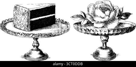 Handgezeichnetes, graviertes Illustrationsset aus Hochzeitstorte und Rose auf eleganten Ständen für Vintage-Design. Stock Vektor
