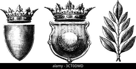 Vintage-Heraldik-Set: Gravierte Wappen und gekrönte Schilde für Design und Dekoration. Stock Vektor