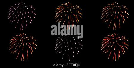 Feuerwerk Nachthimmel, Feier in der Abenddämmerung, Funken rot und orange mit Rauch Stockfoto