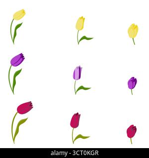Tulpenset in verschiedenen Farben. Vektorillustration isoliert auf weißem Hintergrund. Stock Vektor
