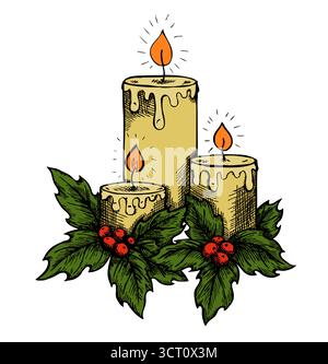 Grafische Zeichenkerzen und stechpalmenbeeren und Blätter. Skizzieren Sie Freihandstift und Tinte Stock Vektor