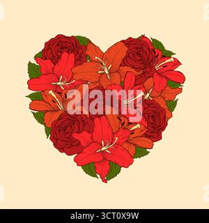 Ein wunderschönes Arrangement von Blumen, Lilien und Rosen in Herzform. Wunderschöne Postkarte zum Valentinstag. Stock Vektor