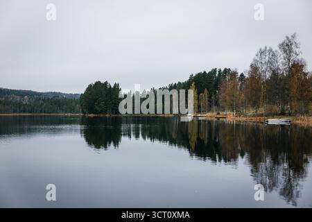 Friedliche Herbstseenlandschaft in Schweden, mit Anlegebooten, gemischten Kiefern- und Birkenwäldern und ruhiger, bedeckter Atmosphäre Stockfoto