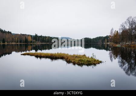 Ruhiger Herbstsee in Schweden mit einer kleinen grasbewachsenen Halbinsel, die Birken- und Kiefernwald unter hellem bedecktem Himmel reflektiert Stockfoto