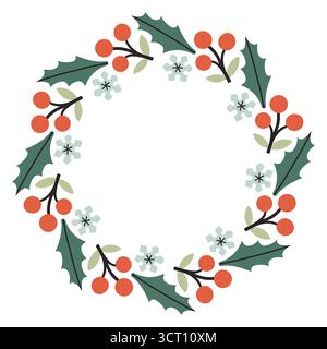 Ein festlicher Rundrahmen mit grünen stechpalmenblättern, roten Beeren und weißen Schneeflocken. Das einfache Vektordesign ist perfekt für Weihnachten und Neujahr Stock Vektor