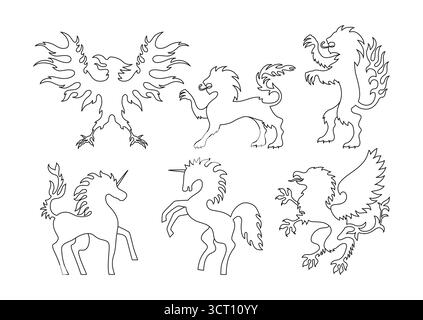 Heraldische Tiere für Wappensätze. Heraldry Wappen Elemente Linie Maskottchen Löwe, Einhorn, Adler und Fantasy griffin Konturkollektion. Mittelalterliche Embleme für Königreich Vektor Grafik Illustration Stock Vektor