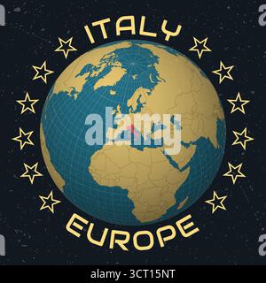 Italien auf Globe. Runder Text für Ländernamen. Vintage-Look mit zerkratzter Grunge-Textur. Länderansicht auf Weltkarte in der Farbpalette Sky Blue Light Yellow. Stock Vektor