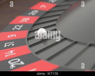 Nahaufnahme Roulette-Rad und -Kugel. 3D-Abbildung. Stockfoto