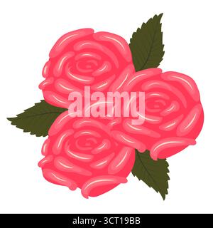 Ein Blumenstrauß aus rosa Rosen. Eine Komposition aus drei üppigen Blumen und Blättern. Vektorabbildung isoliert auf einem weiß Stock Vektor
