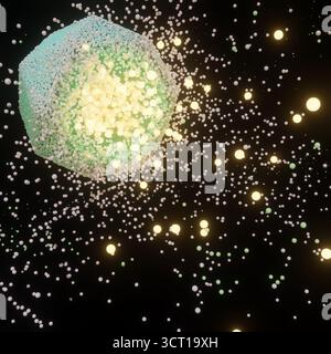 Abbildung von Nanopartikeln, die in bestimmten Umgebungen abgebaut oder abgebaut werden, wobei eingekapselte Medikamente oder Moleküle kontrolliert freigesetzt werden, um eine gezielte Abgabe und präzise therapeutische Wirkungen zu erzielen. Stockfoto