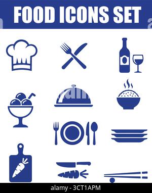 Icons Set – Besteck aus Teller, Gabel, Messer und Löffel für Restaurantmenü und Catering Stock Vektor