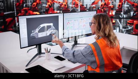 Automobilingenieur, der an der Automobilproduktion bei Factory's Desktop arbeitet. Stockfoto