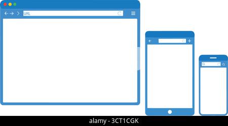 Browserfenster Mockup - einfacher leerer Webseiten-Rahmen für Laptop, Tablet und Smartphone - Vektorvorlage Stock Vektor