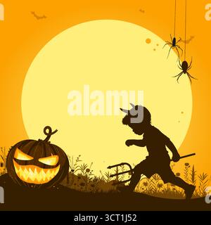 halloween-Nacht mit Teufelskind und Kürbis-Vektor-Illustration Stock Vektor
